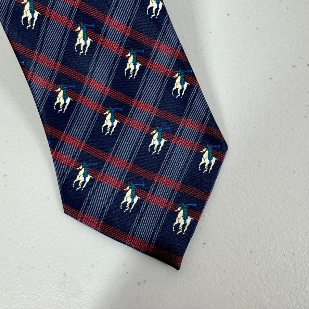 René Chagal Silk Polo Horse Tie Navy Plaid Equestrian Designer Necktie - Picture 4 of 12